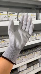 ถุงมือถักเคลือบ PU สีเทา  กันลื่น กันบาด กันเสียดสี