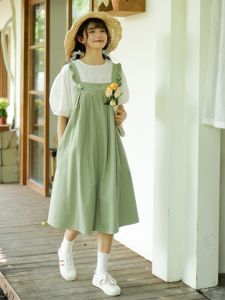 Sweet  College Style Two-Piece Set Cotton Bubble Sleeve A-Line Midi Dress with Overalls Summer New Arrival for Girls