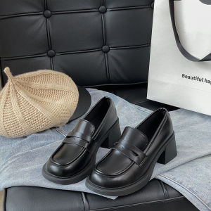 Black Mary Jane Fashion Single Shoes for Women Spring 2025 New High Heel Moccasins Retro British Style Thick Heel Loafers