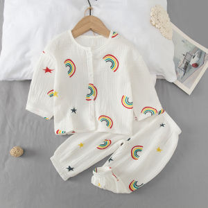 Pure Cotton Gauze Kids Summer Loungewear Boys Double-Layer Cotton Linen Girl Pure Cotton Suit Baby Clothes in Air-Conditioned Room Pajamas
