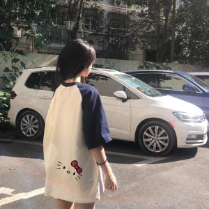 Hellokitty Short Sleeve Loose T-Shirt Women Summer Student Versatile Design Cotton Korean Style round Neck Casual Top