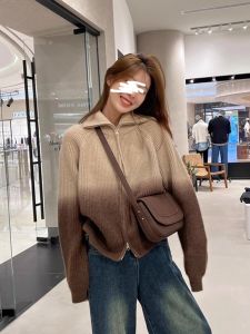 เสื้อตัวนอกไหมพรมแบบหนาไล่ระดับสีวินเทจดีไซน์สำหรับฤดูใบไม้ร่วงและฤดูหนาวเสื้อคาร์ดิแกนผ้าถักแขนยาวมีซิปคู่สไตล์ชิวๆสำหรับผู้หญิง