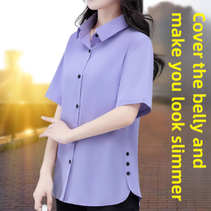 Loose Chiffon Shirt Women Summer New Style Short Sleeve Cover Belly plus Size Casual Fashion Polyester Blend Regular Fit Shirt