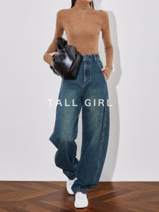 Retro High Waist Wide Leg Jeans for Women Spring Autumn Long Banana Pants Curved Knife Pants Deep Blue Cotton Anti-Wrinkle