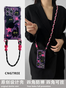 Iphone16promax Phone Case Crossbody Ins Cartoon Black Cat for Apple 14pro All-Inclusive Soft 12 Dark Night Transparent Purple 13 Niche Style XINGX 15plus Satchel Lanyard 11 Four Corners Can Be Hung