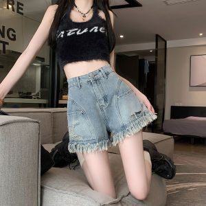 Retro Destressed Womens Denim Shorts 2024 Summer Large Size Loose Wide Leg Slimming High Waist A-Line Casual Pants