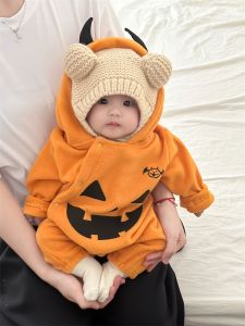 Adorable Pumpkin Crawlsuit for Baby Boys Halloween Costume with Fleece Lined Overall Jumpsuit Cute Scary Costume for Little Ones