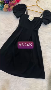 MyDu Shop | MS 2419 Đầm Dự Tiệc– Cổ Vuông Tay Ngắn Đính Hoa Giữa Ngực Chất Cotton Lụa Nhẹ Mát