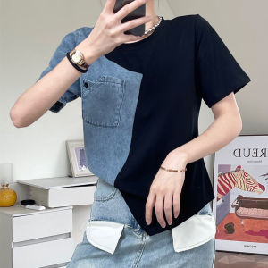 Fashionable Patchwork Denim Short Sleeve T-Shirt Womens Summer Slimming Design Korean Style Commute Pocket round Neck Top