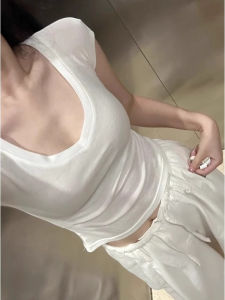 Pure Desire Low Cut Spicy Short Sleeve T-Shirt Women Summer New Tea Ceremony Style White V Neck Waist Cinched Short Shoulder Top