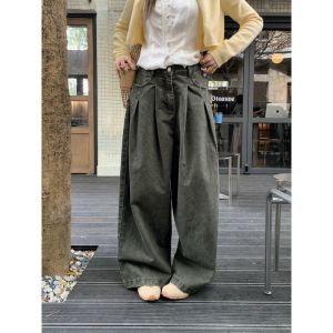 Loose Fitting Slimming Retro Green Pleated Wide Leg Pants