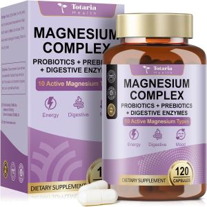 Totaria 10-in-1 Magnesium Complex 273mg with 100B CFU Probiotics & Digestive Enzymes 120 Veg Caps - High Absorption Supplement for Sleep Muscle & Gut Health