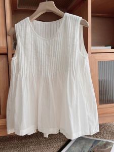 White Cotton Linen Vest Shirt Womens Summer Organ Pleated round Neck Pullover Doll Shirt Sleeveless Waistcoat Loose Tops Thin