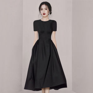 Elegant A-Line Midi Dress Slimming French Style Summer Fashion High Waist Short Sleeve Pure Color Commute round Neck Dress