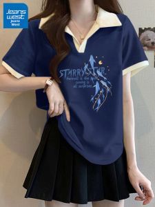 Jeanswest | Áo Thun Nữ Tay Ngắn Màu Hải Quân Phong Cách Dễ Thương Cổ Lỏng Cotton