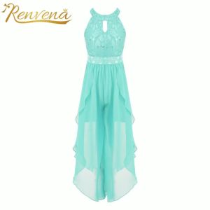 Teens Dress Lace Romper Chiffon Dress Birthday Party Shiny Rhinestone Flower Girl Wedding Dress Elegant Girls Formal Clothes