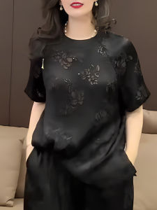 Black round Neck Short Sleeve T-Shirt Womens Summer New Lightweight Luxury Hollow Print plus Size Versatile Top Trendy