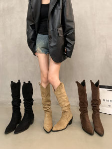 รองเท้าบูทหุ้มข้อสูงสไตล์ย้อนยุคฝรั่งเศส ทรงเรขาคณิต สำหรับผู้หญิงในฤดูใบไม้ร่วงและฤดูหนาว สีกรมท่า ขนแกะ รองเท้าบูทแฟชั่นส้นสูง
