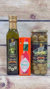 Combo Ăn Kèm Pizza Pasta (Tabasco đỏ 60ML + Dầu Oliu Extra Virgin 250ML + Oliu Xanh / Đen Ngâm Muối 450G)