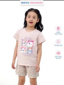 Set bộ cotton bé gái Bigfox Miss Meow size đại cộc tay mix chân váy hè cỡ 36911 tuổi 30kg 40kg