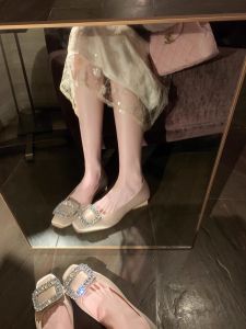 Elegant Silver Flat Heel Single Shoes Womens Spring Autumn Commute French Style Slip-On Diamond Buckle Fashion Footwear