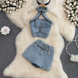Fashionable Spicy Girl Two-Piece Set Womens Hanging Neck Backless Slim Fit Short Denim Top High Waist Wide Leg Short Pants Skirt