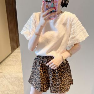 Dongda Gate Summer 2025 New round Neck T-Shirt Lace Trim Mesh Splice Bubble Sleeve Pure Color Korean Style Loose Fit Creative Pattern