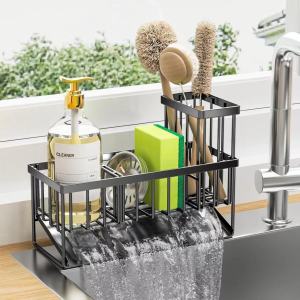 LMETJMA Sponge Holder Carbon Steel Sink Caddy Sponge Holder With Self Drain Tray Kitchen Sink Caddy Organizer with Divider