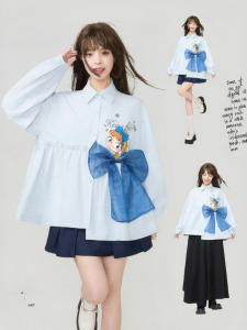 Keiko | Light and Fresh Bow Tie Patchwork Blue Long Sleeve Shirt