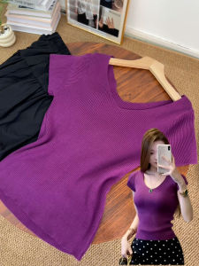 HUOLISI | Purple V-Neck Ice Silk Knit Unique Short Top