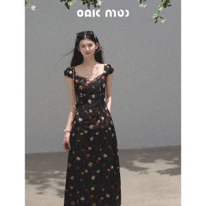OAKMOO | Đầm Dây Ôm Body In Hoa Cổ V Tay Bồng Nơ Ép Eo Chất Liệu Tencel