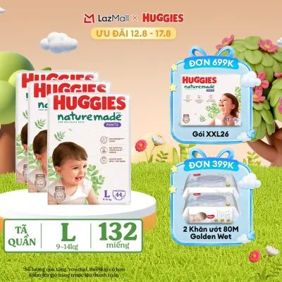 [Từ 12.08 QUÀ TẶNG ĐƠN 399K] Combo 3 Tã/Bỉm quần HUGGIES PLATINUM NatureMade L44 (9-14kg)-Gói Jumbo 44 miếng