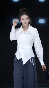 Blouse for Women: Casual Plain Long Sleeve V-neck Shirt & Asymmetrical Top