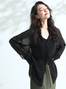 Miccbeirn | Silk Chiffon Long Sleeve Shirt Simple Casual Lightweight Cover Up Top Lazy Style Versatile Loose Fit Summer Season Solid Color