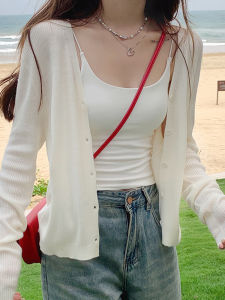 Ice Silk Knitted Cardigan Womens Summer Thin Strap Vest White Air Conditioner Cover up Korean Style Long Sleeve V-Neck Pullover
