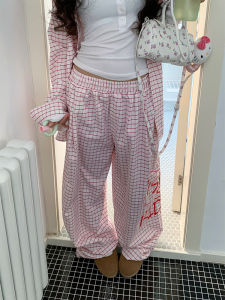 กางเกงขายาวทรงตรงลายสก็อตพิมพ์ลายหัวใจสำหรับผู้หญิง กางเกงขายาวทรงหลวมๆ ทรงหลวมๆ ทรงขากว้าง ทรงขากว้าง กางเกงขายาวทรงตรงสำหรับผู้หญิง ทรงหลวมๆ ทรงขากว้าง