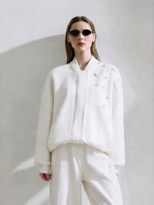 AMII | Sporty Baseball Collar Beaded Flower Air Layer Outerwear Relaxed Fit Zippered