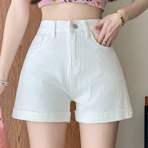 High Waist Cuffed Denim Shorts Womens Spring Summer New Style Elastic Slimming Versatile Smoke Grey A-Line Hot Pants