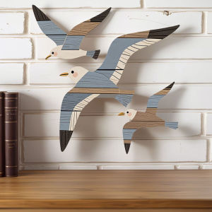 3Pcs Rustic Seagull Wood Wall Art Beach Ocean Themed Bird Wall Decor