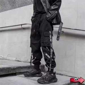 Black Cargo Pants Men Joggers Cargo Trousers for Men Jogging Japanese Streetwear Hip Hop Hippie Techwear Gothic Ribbon Pants