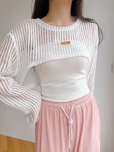 FASHLOVER Hollow-out Long Sleeved Top Design Sense Niche Knitted Shawl Smock Short