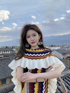 Ethnic Style Shawl Cape Cloak Female Outer Match Knitted Cardigan Wooden Ear Fashion Wear Scarf Lijiang Travel Tide