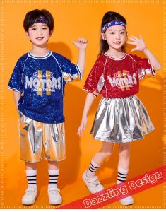 ชุดการแสดงเชียร์ลีดเดอร์ของเด็ก LOlanta ชุดปักเลื่อมตัวอักษรกระโปรงกางเกงขาสั้นหนังเทียมแวววาวเครื่องแต่งกายสำหรับการแข่งขันเต้นแจ๊สคาดศีรษะฮิปฮอป