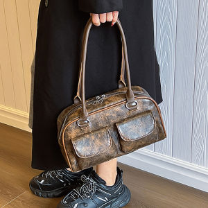 【Fashion Park】{New}🌺Phụ nữ phong cách Túi đeo túi đôi PU Túi đeo vai cũ xưa màu trơn đơn giản đi lại túi dung tích lớn Túi hàng ngày