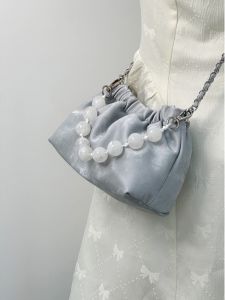 New Chinese Style Beaded Handbag Womens 2024 Foldable Chain Cloud Shoulder Crossbody Mini Bucket Bag Soft Square Shape Pure Color