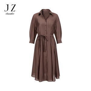 Elegant Commuter Shirt Style Waist Cinched Rayon Blend Long Dress Womens Spring 2025 New Arrival Simple Style Button Detail