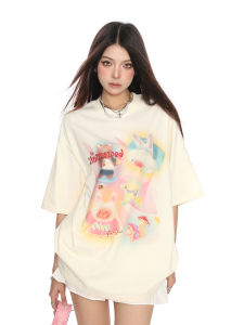 Áo Thun Nữ Tay Ngắn Dáng Rộng in Họa Tiết Hoạt Hình Graffiti Phong Cách Lười Biếng Mùa Hè Thời Trang Thường Ngày Biggold