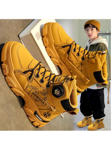 Boys Martin Boots Winter Rotation Button PU Leather Work Boots round Toe Waterproof Non-Slip Rubber Sole Childrens Footwear