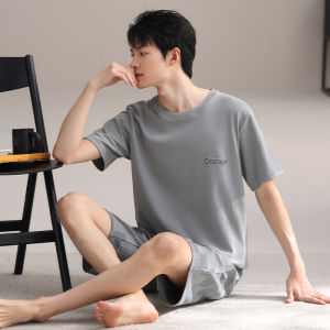 Mens Summer Sleepwear Loose Fit Cotton T-Shirt Shorts Home Clothes Set round Neck Short Sleeve Lightweight Comfortable Youth Size