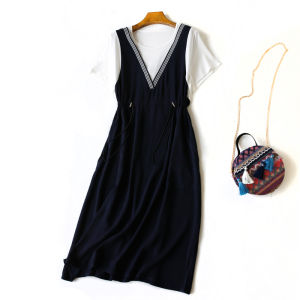 Summer New Arrival Original Fashion Noil Poplin Dress round Neck Slimming Fake Two-Piece Casual Swing Waist-Tight